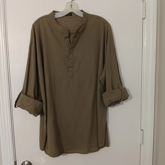 COOF ANDY Cotton & Hemp Long Roll up Sleeve Olive size XXL Men Henley Shirt - Picture 6 of 15